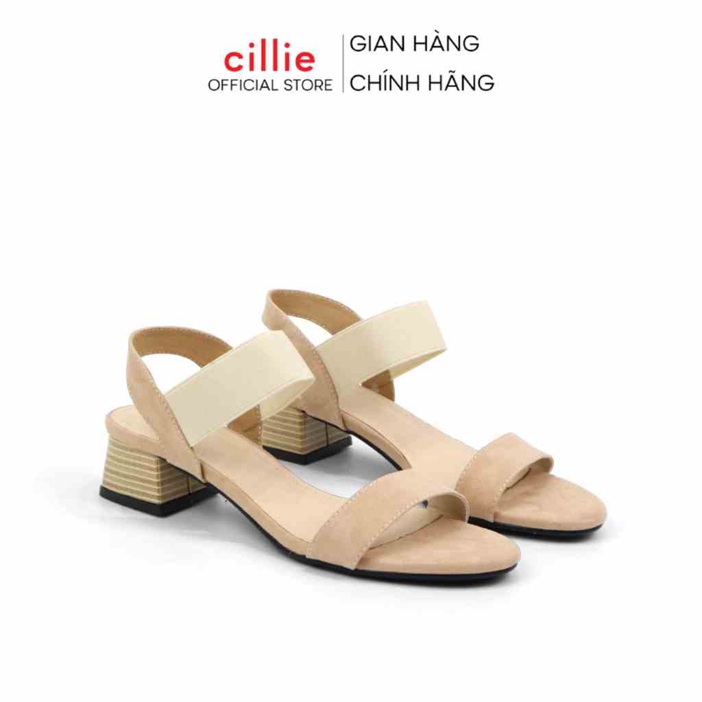 Giày sandal nữ quai ngang da lộn basic phối thun tiện lợi đế vuông 3cm đi làm đi học Cillie 1169