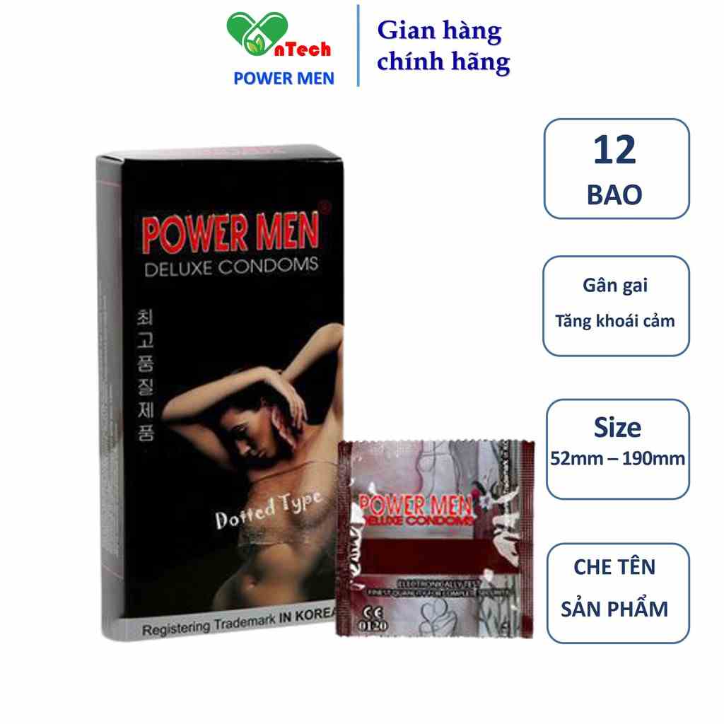 Bao cao su POWER MEN Dotted type siêu mỏng gân gai 250 hạt nổi quanh thân tăng khoái cảm hộp 12 chiếc