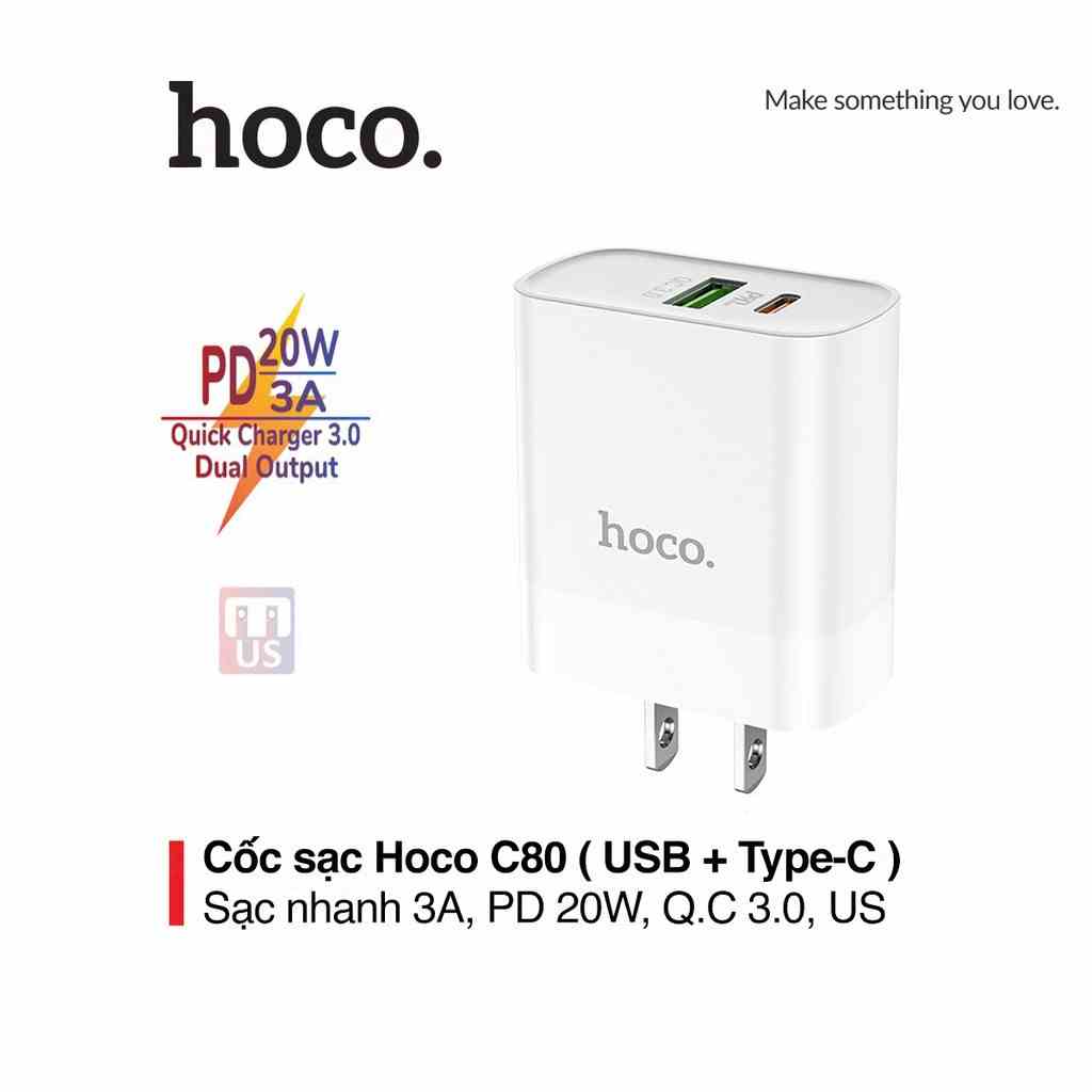 [Mã BMLTA35 giảm đến 35K đơn 99K] Củ sạc nhanh PD20W Hoco C80 cổng USB + Type-C chuôi dẹt Q.C 3.0 cho mọi thiết bị