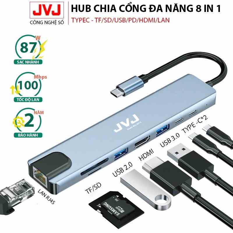 Hub Type C JVJ C8 đa năng 8 Cổng HDMI USB 3.0 SD TF LAN Gigabit RJ45 tốc độ truyền mạng 100Mbps-Bảo hành 24 Tháng