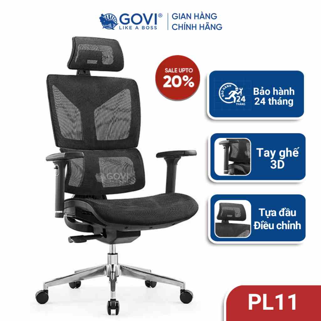 Ghế công thái học Ergonomic GOVI Plato PL11 - Tựa đầu điều chỉnh độ cao, tựa tay 3D nâng hạ, mâm ghế ngả 90-135 độ