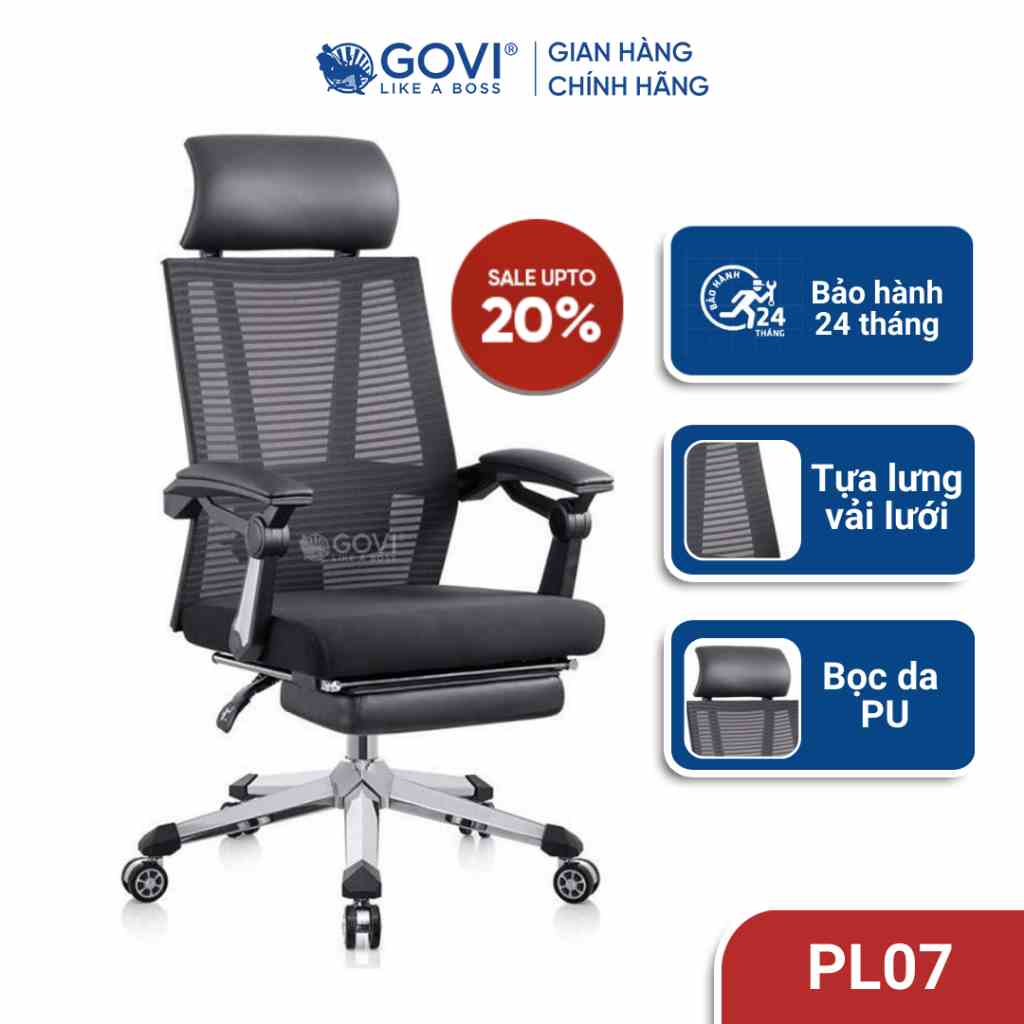 Ghế công thái học GOVI Ergonomic Plato PL07 - Tựa đầu cố định, tự tay điều chỉnh ngả đồng bộ lưng ghế, ngả lưng 90-180