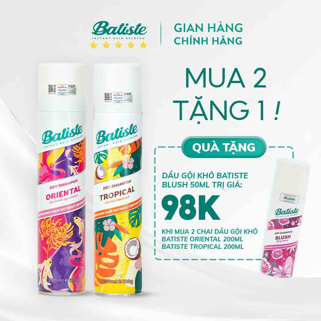 [MUA 2 TẶNG 1] 2 Chai Dầu Gội Khô Batiste 200ML Tặng 1 Chai Dầu Gội Khô 50ML (Oriental & Tropical 200ml + Cherry 50ml)