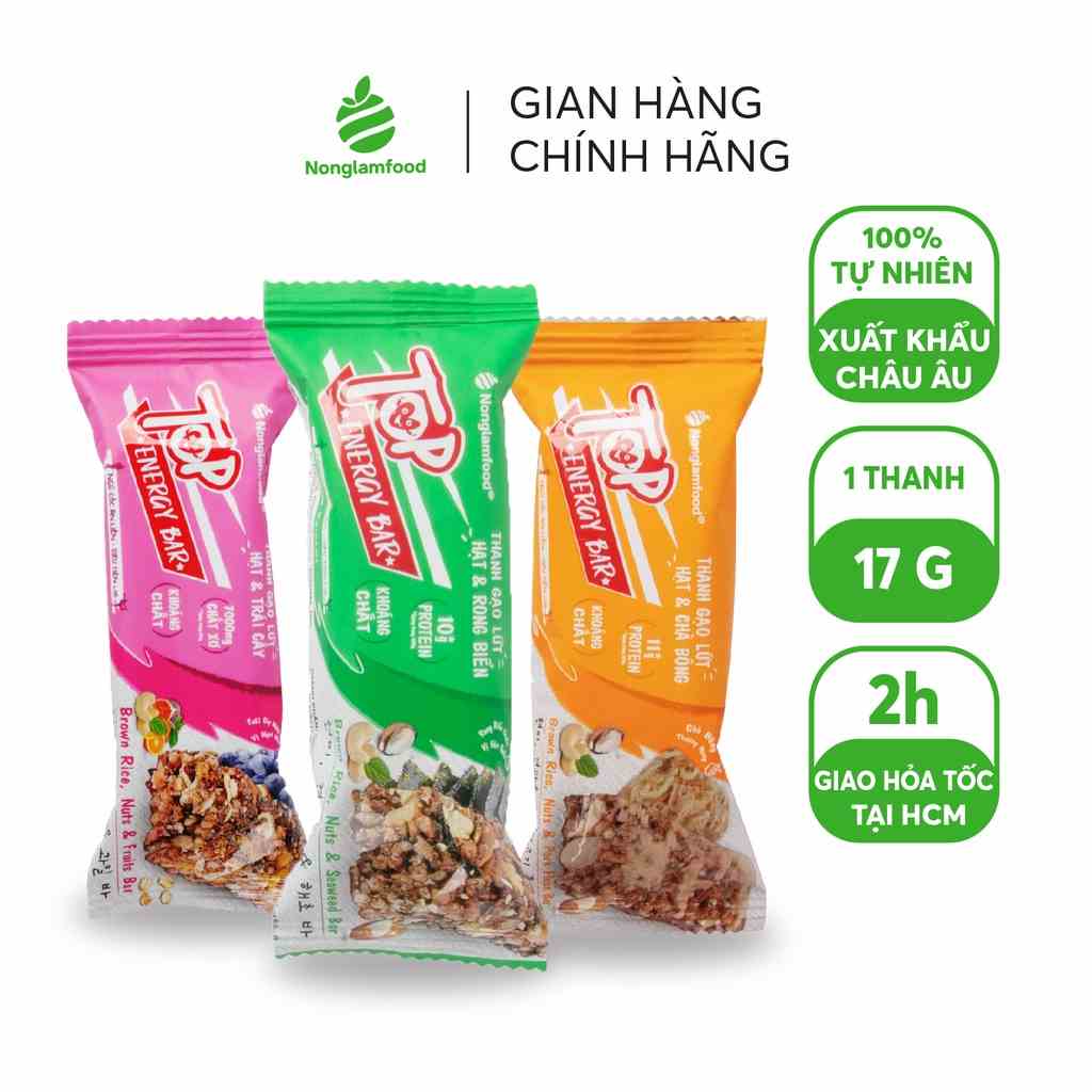 Thanh gạo lứt ngũ cốc hạt và chà bông, rong biển, trái cây, dừa giòn Nonglamfood 17g| Giảm cân | Tập gym