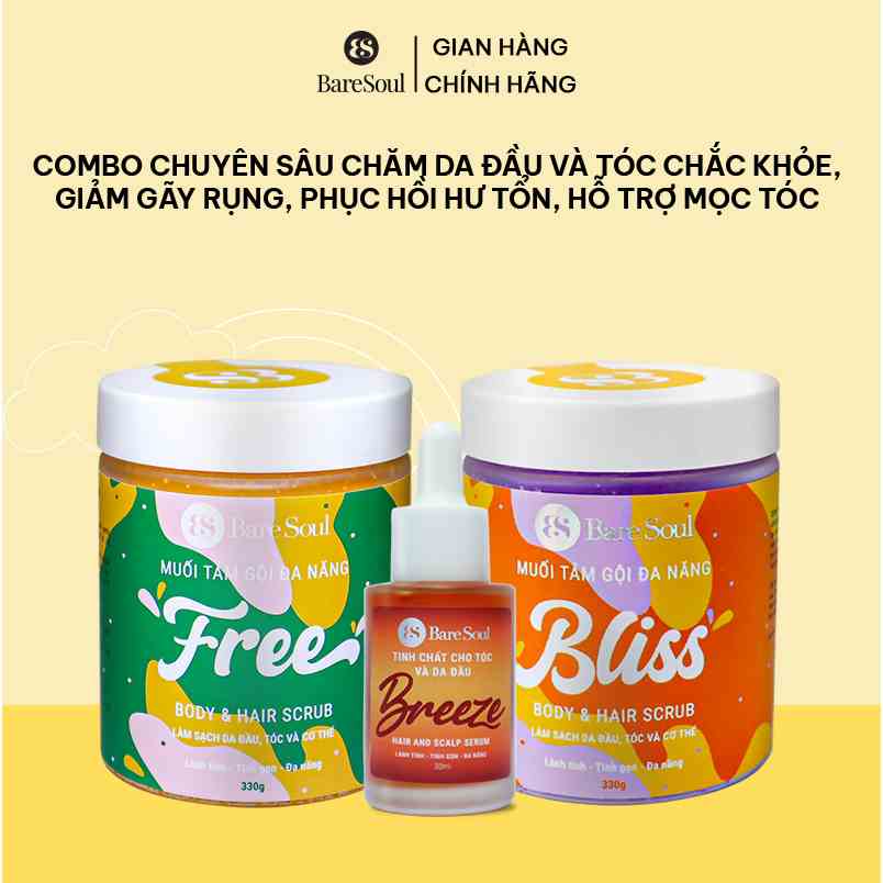 Combo chuyên sâu da đầu và tóc giảm gãy rụng, phục hồi hư tổn, hỗ trợ mọc tóc BareSoul FREE 330g+ BLISS 330g+ BREZEE 30m