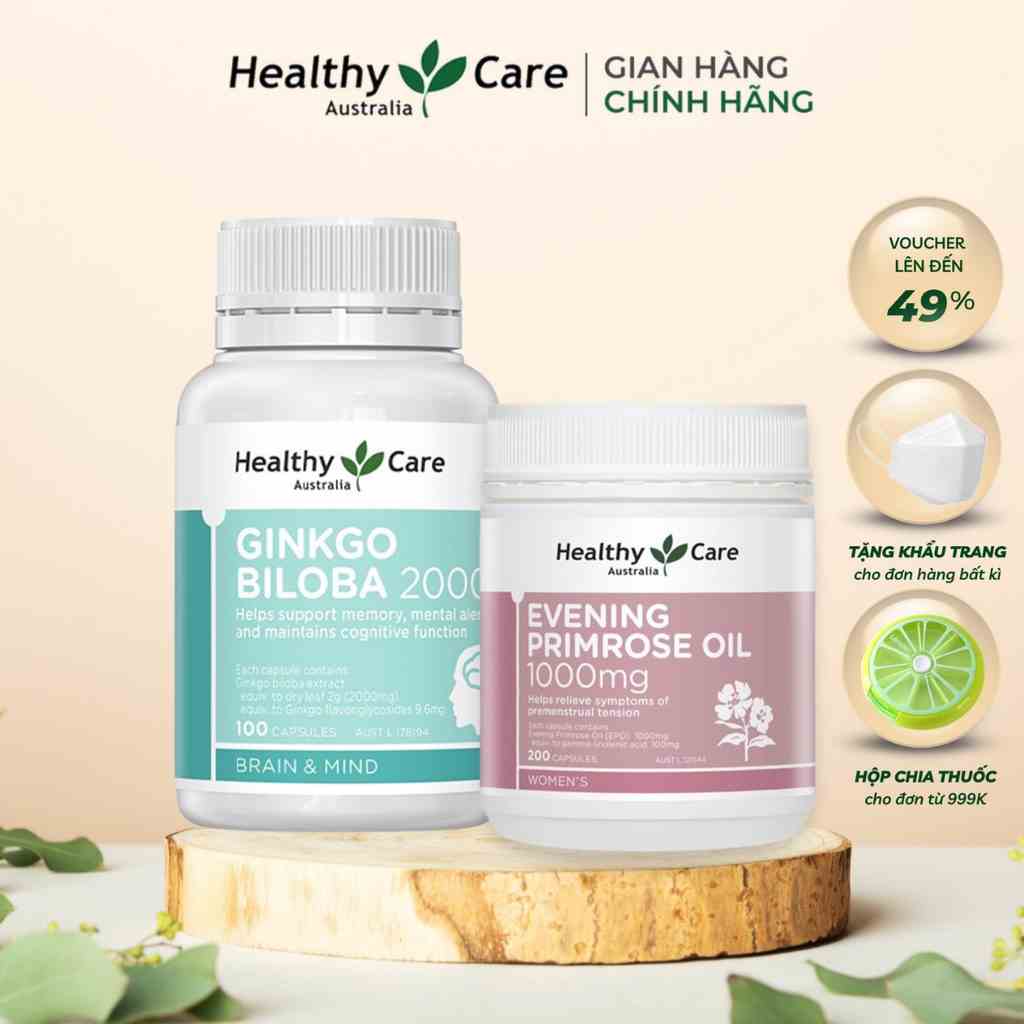 Combo Viên Uống Tinh Dầu Hoa Anh Thảo Healthy Care Evening Primrose Oil 1000mg Và Bổ Não Healthy Care Ginkgo Biloba