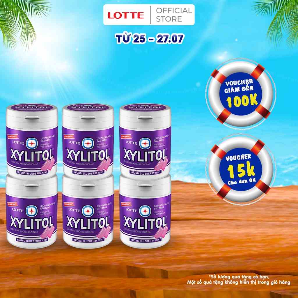 [Mã BMLTB35 giảm đến 35K đơn 99K] Combo 6 hũ Kẹo Gum không đường Lotte Xylitol - Hương Blueberry Mint 130,5 g