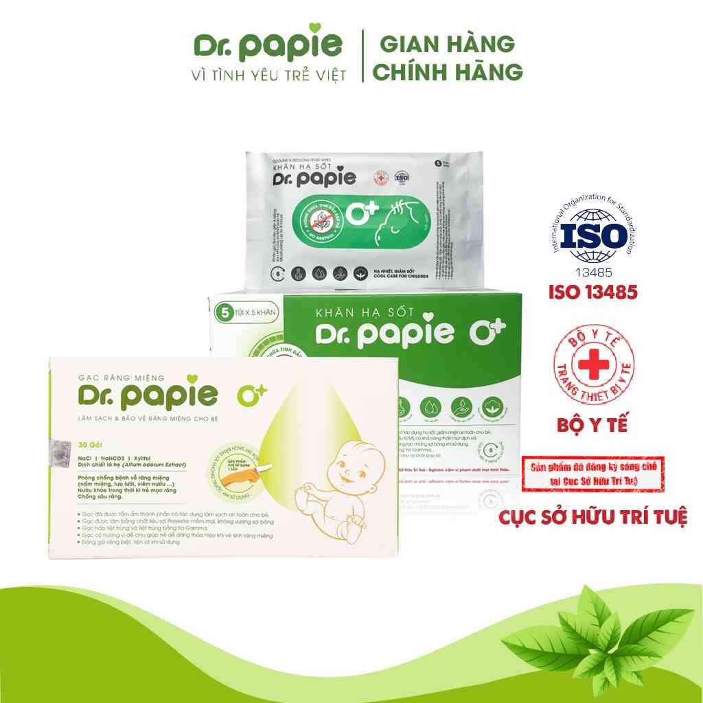 Combo 1 Hộp Khăn Lau Hạ Sốt Dr Papie 0+ Và 1 Hộp Gạc Rơ Lưỡi Dr Papie Bảo Vệ Toàn Diện