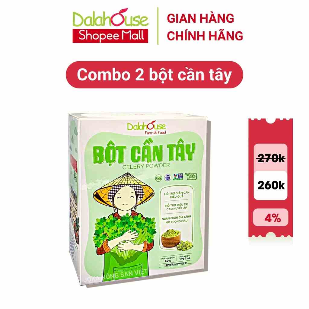 Combo 2 bột cần tây sấy lạnh Dalahouse 60g (20 gói x 3g) nguyên chất hỗ trợ giảm cân, thanh lọc