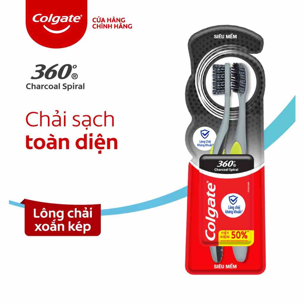 Bộ 2 Bàn chải Colgate 360 độ than hoạt tính & lông chải xoắn kép làm sạch mảng bám hiệu quả