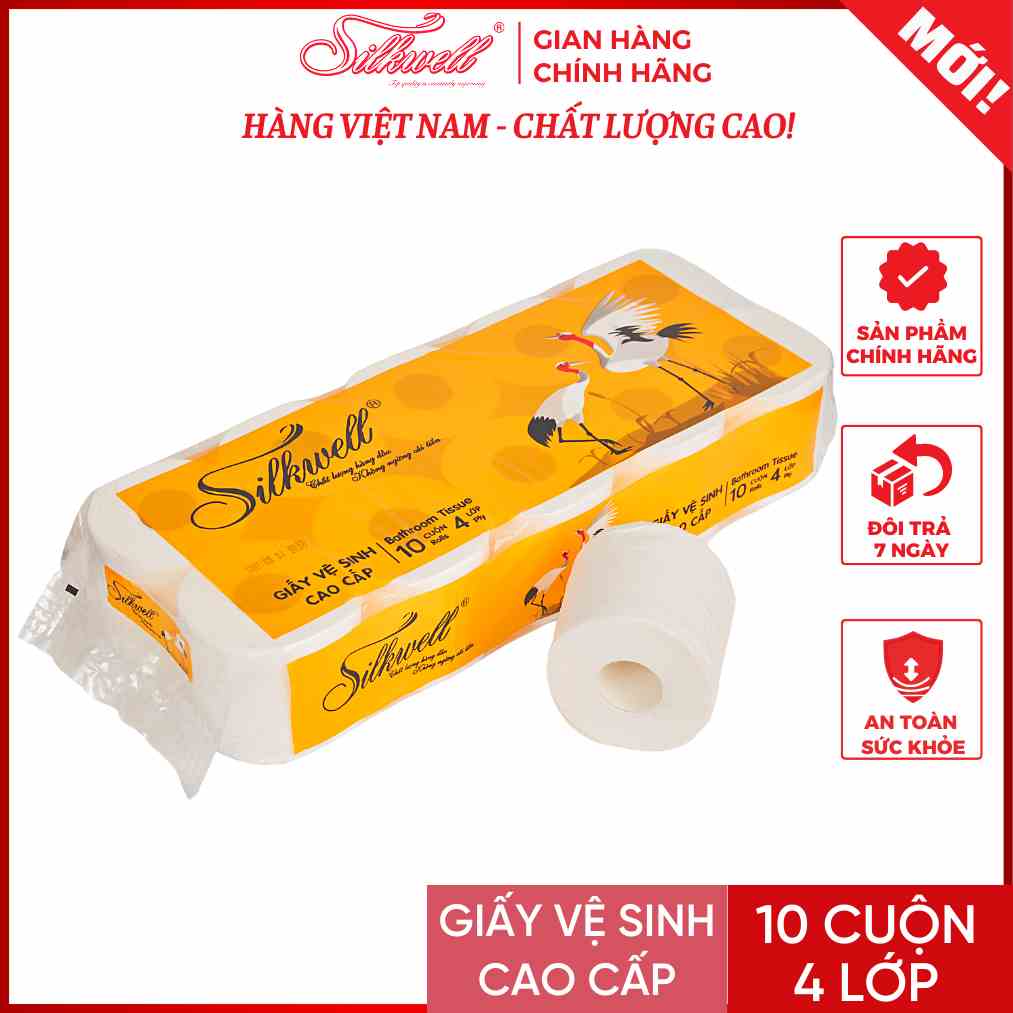 Giấy vệ sinh Silkwell Sếu 10 cuộn 4 lớp có lõi hàng cao cấp siêu mềm mịn không tẩy trắng chính hãng