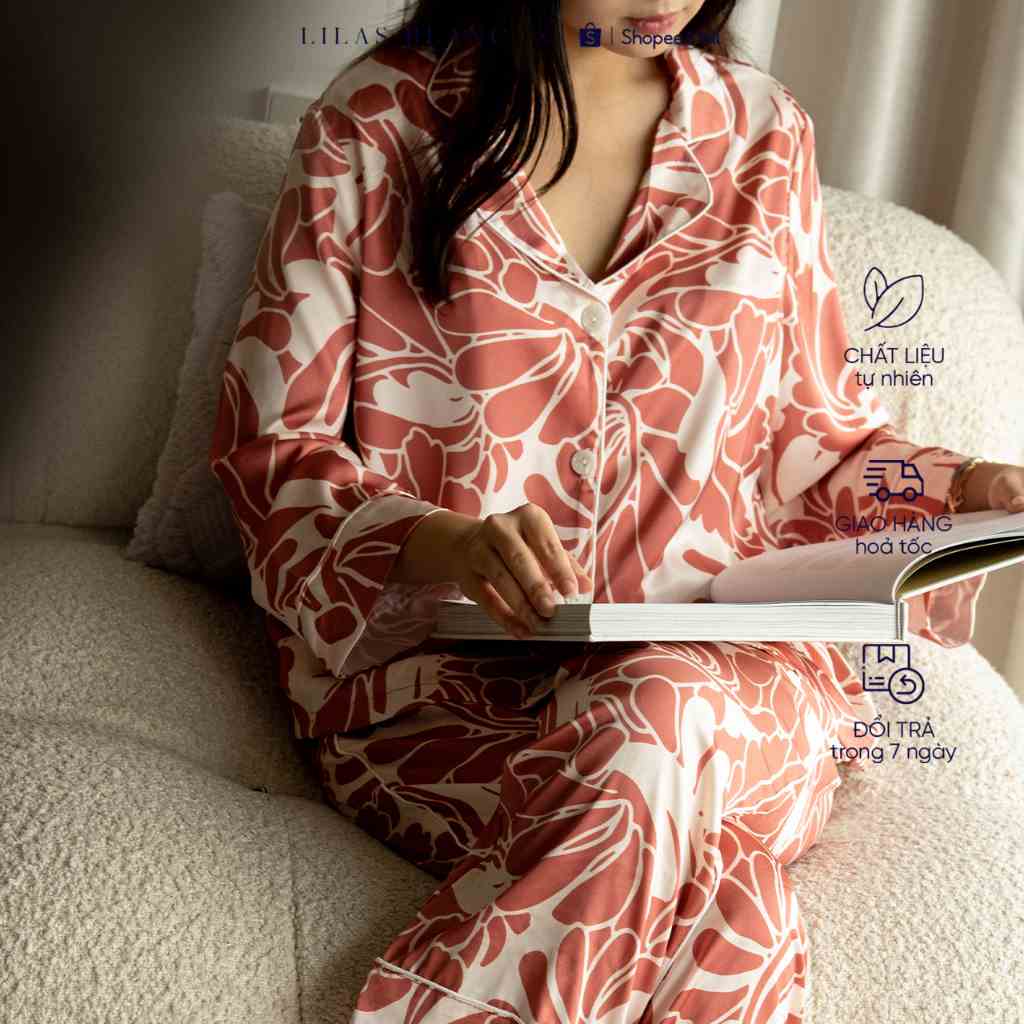 Bộ Pyjamas Nữ Mặc Nhà Quần Dài Áo Dài Chất Liệu Lụa In Hoa Tiết Louisa Cam LILAS BLANC