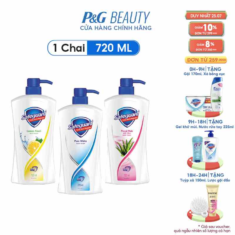 Sữa Tắm SAFEGUARD Sạch 99.9% Vi Khuẩn & Dịu Nhẹ Cho Da Chai 720ml Trắng Tinh Khiết/Hoa Hồng Lô Hội/Chanh Tươi Mát