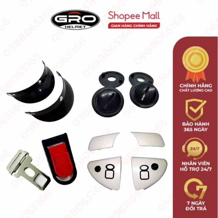 Bộ phụ kiện mũ bảo hiểm 3/4 đầu GRO HELMET, mũ honda, mũ nửa đầu các loại