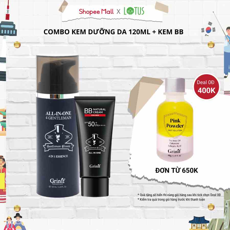 Bộ kem dưỡng trắng, che khuyết điểm cho nam giới All In One 4 Gentleman 120ml và Grinif Natural BB Cream for Men 50g