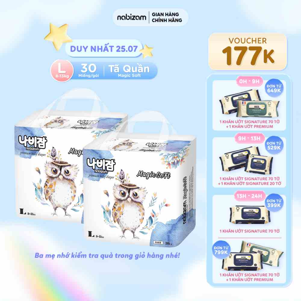 COMBO 2 Tã/Bỉm Quần NABIZAM Magic Soft Nội Địa Hàn Mềm Mỏng, Thấm Hút, Chống Tràn Size L Cho Bé Từ 8-13kg, 30 Miếng/Bịch