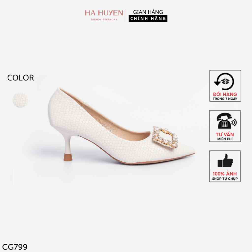 Giày cao gót mũi nhọn Hà Huyền Shoes da sần gót nhọn 5 phân đính ngọc chữ nhật sang chảnh - CG799