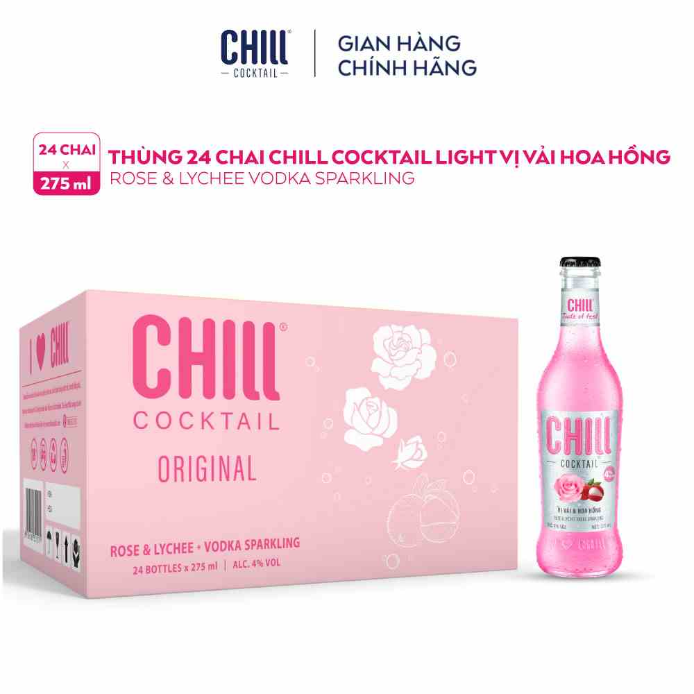 [Voucher 100K] Thùng 24 chai Chill Cocktail vị Vải & Hoa Hồng 275ml/chai