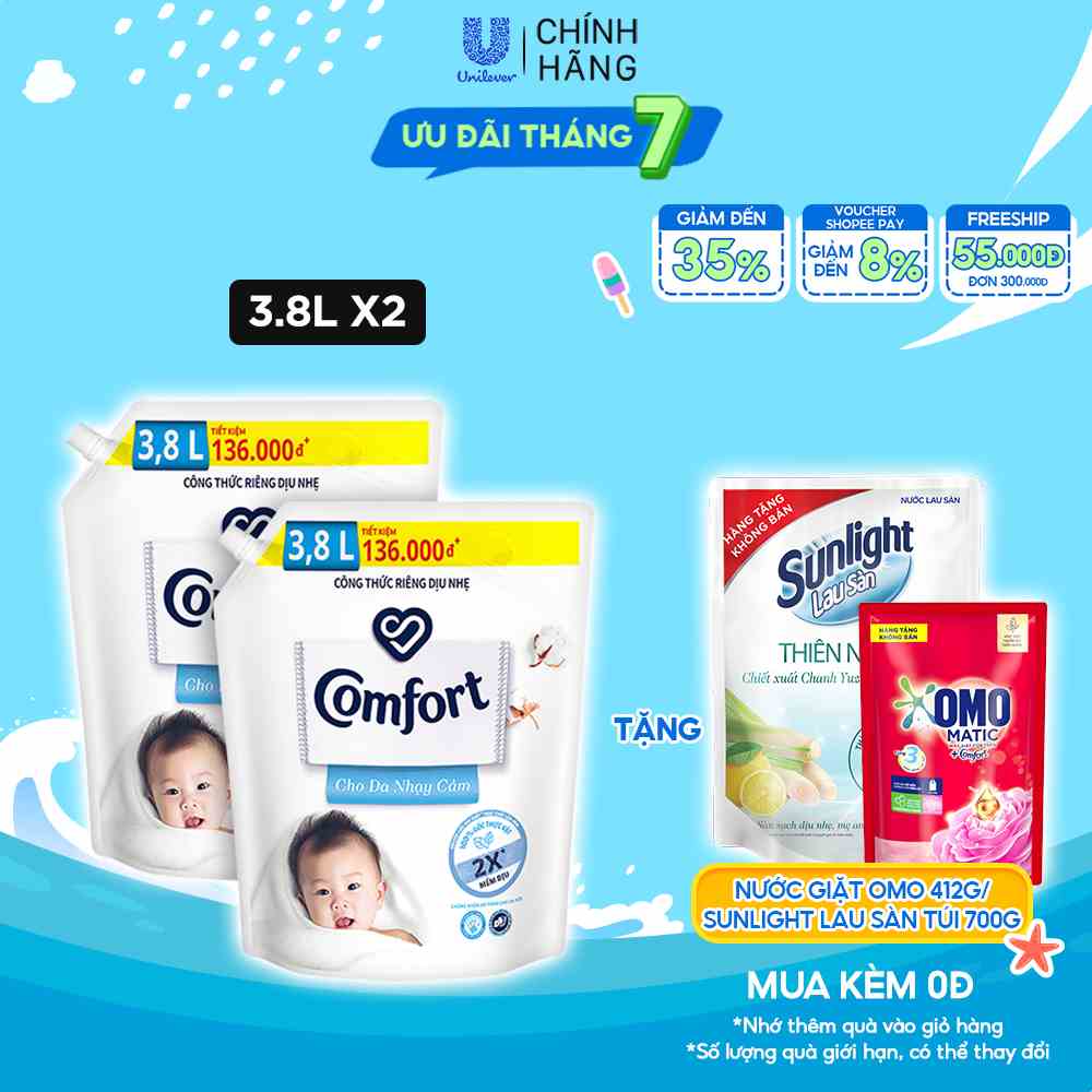 Combo 2 Nước xả vải Comfort Cho Da Nhạy Cảm Túi 3.8L - Phù hợp với cả em bé