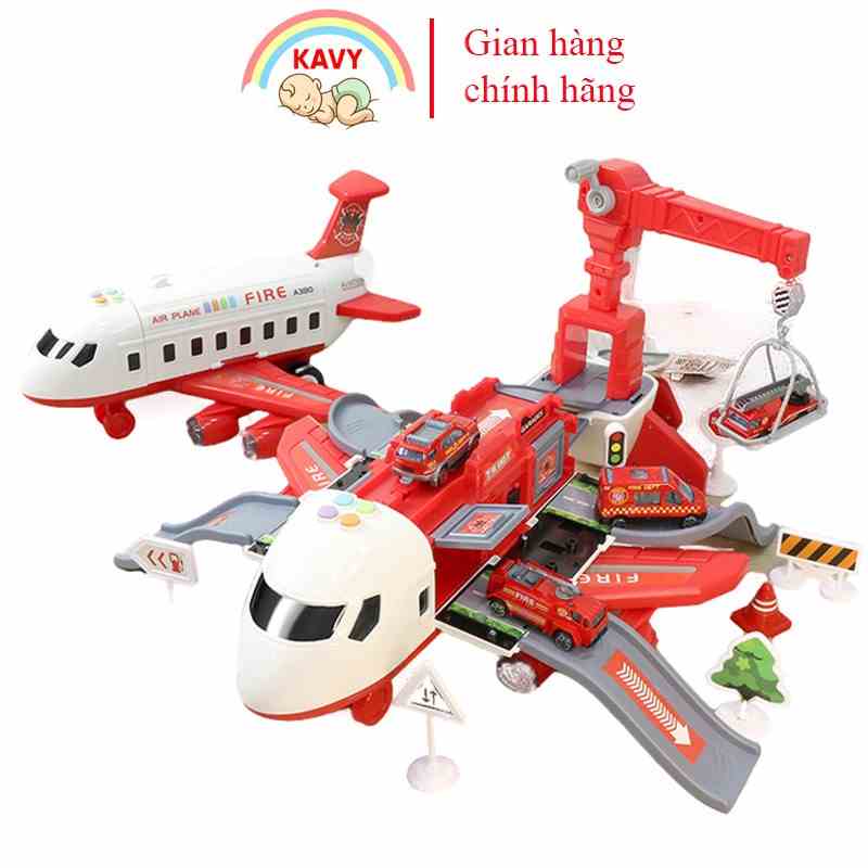 Bộ đồ chơi máy bay  KAVY có nhạc và đèn chủ đề cứu hỏa kèm thang trượt giàn cẩu, 4 xe cứu hỏa kim loại - màu đỏ