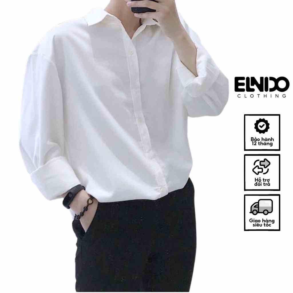 Áo sơ mi nam ELNIDO dài tay cổ bẻ form dáng unisex màu trắng vải lụa nến không nhăn không xù ED-01