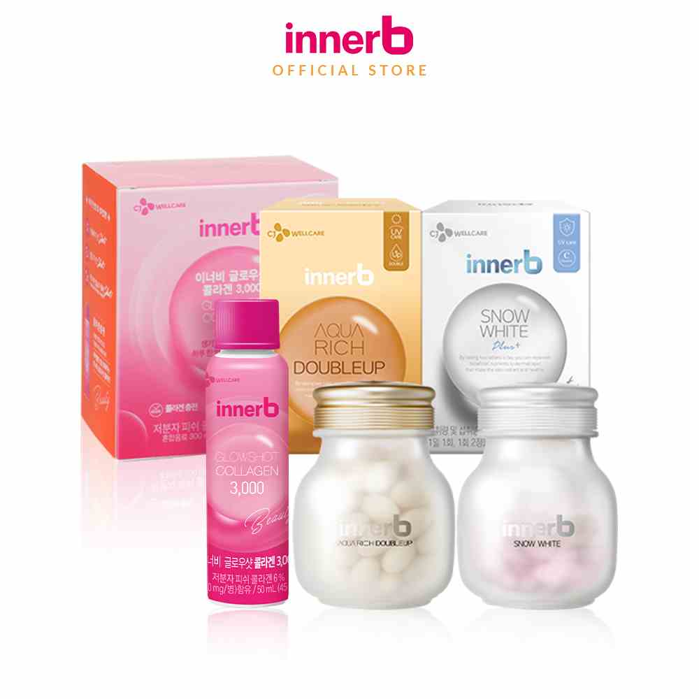 Combo 3 thực phẩm bảo vệ sức khỏe InnerB Aqua Rich Doubleup + InnerB Snow White & hộp 6 chai Collagen InnerB Glowshot