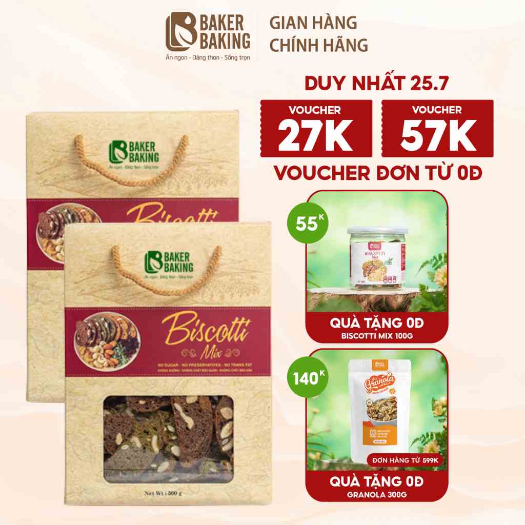 Combo hai hộp bánh Baker Baking biscotti nguyên cám mix 3 vị hỗ trợ ăn kiêng dành cho người béo, tiểu đường