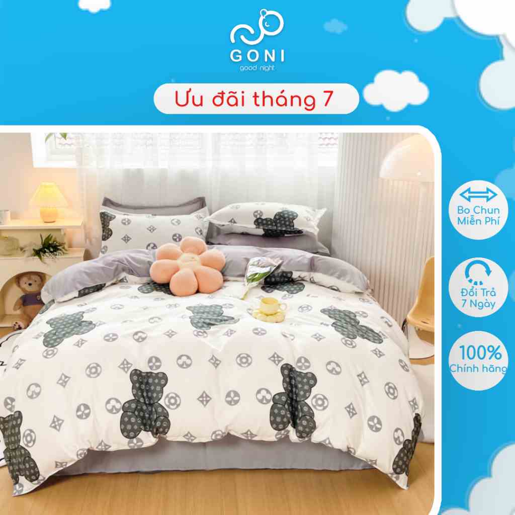 Bộ Chăn Ga Gối Cotton Tici GONI Drap Giường Hoạ Tiết Gấu Sang Chảnh Đủ Kích Thước Trải Nệm Không Kèm Ruột