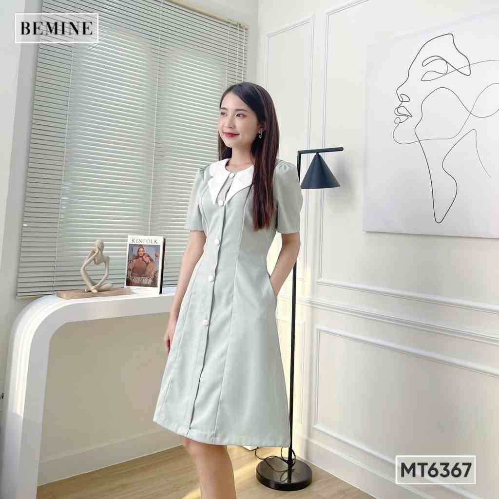 Đầm công sở cổ tròn đính nút ngắn tay BEMINE MT6367