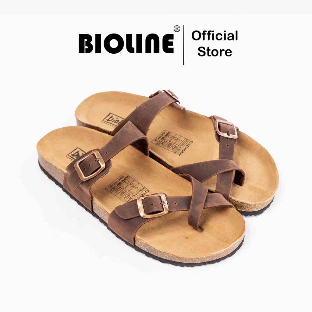 ( Mẫu Da Thật ) D06 - Dép Birken Đế Trấu BIOLINE Official Thiết Kế Unisex Quai Chéo Xỏ Ngón Da Bò