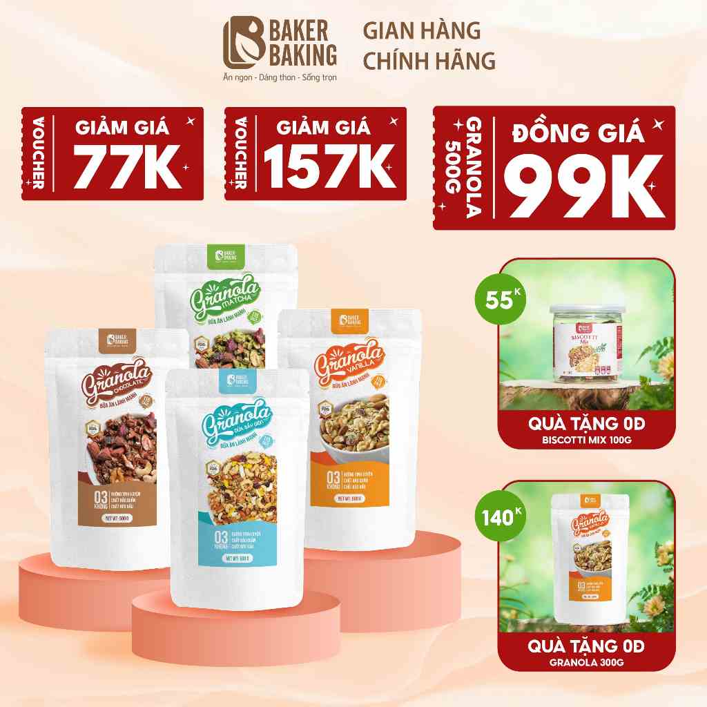 Granola siêu hạt 15% yến mạch ăn kiêng Baker Baking không đường dành cho mẹ bầu, tiểu đường, healthy 100-500g