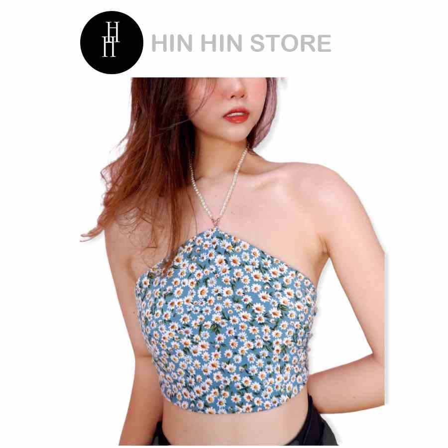 [Mã BMLTB35 giảm đến 35K đơn 99K] Áo yếm croptop hoa bi xanh dây chuỗi ngọc HAC139 Hỉn Hỉn Store