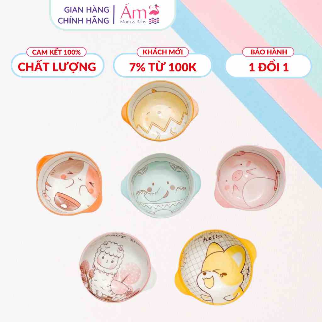 Bát Sứ Ăn Dặm Cho Bé Có Quai Cầm Ấm Baby Dung Tích 310ml Hình Động Vật Dễ Thương Ấm Gift Decor