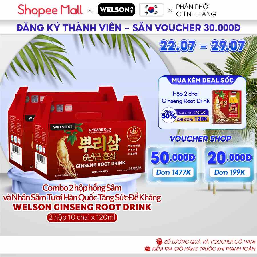 Combo 2 Hộp Hồng Sâm và Nhân Sâm Tươi Hàn Quốc Tăng Sức Đề Kháng Welson Ginseng Root Drink 2 x 10 chai x 120ml