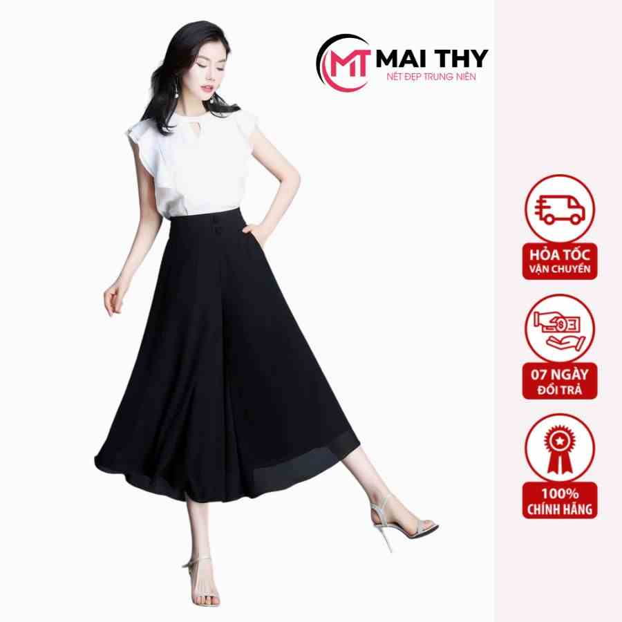 Quần Váy Ống Rộng MAI THY V300, Mẫu Quần Giả Váy Chiffon Lưng Thun Đính Nút Trước Có Túi Sang Trọng | Thời Trang Nữ U40+