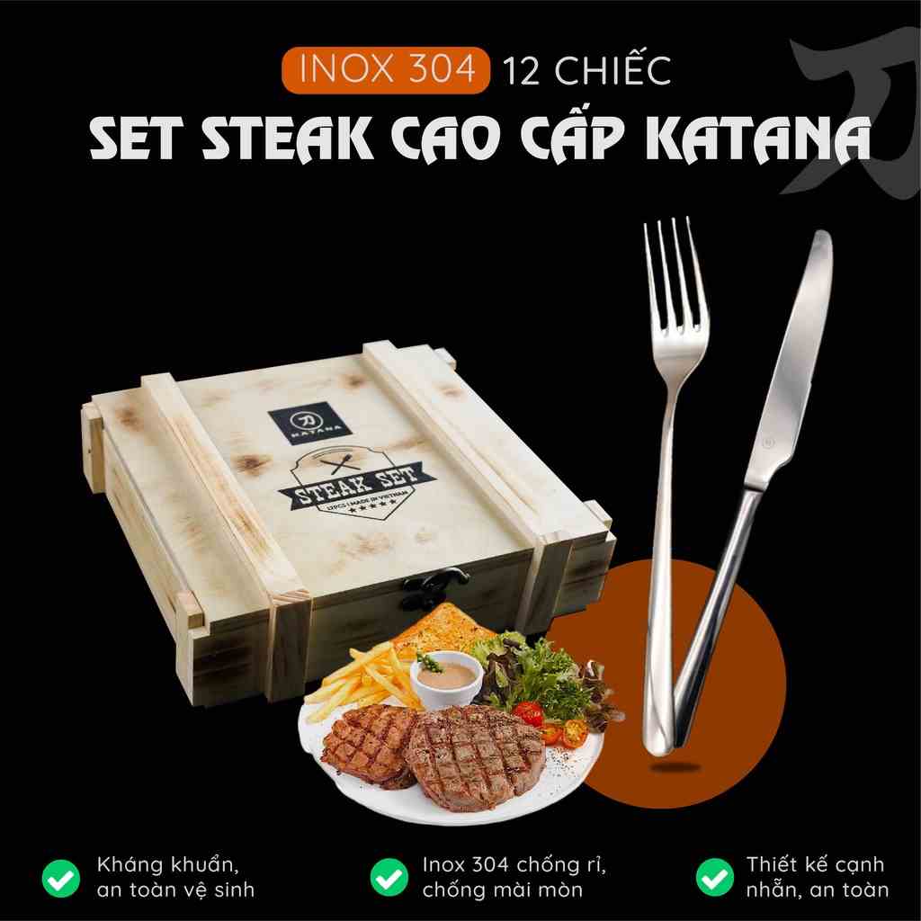 Bộ dao và dĩa beefsteak inox KATANA hộp gỗ KATASTK01 12 món