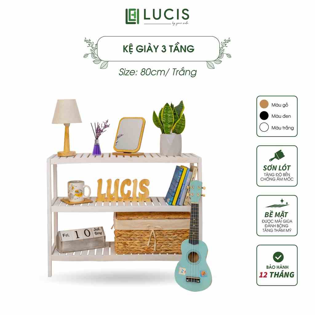 Kệ gỗ chữ nhật 3 tầng 2 màu đen/ trắng LUCIS size 80cm đa năng phong cách Hàn Quốc