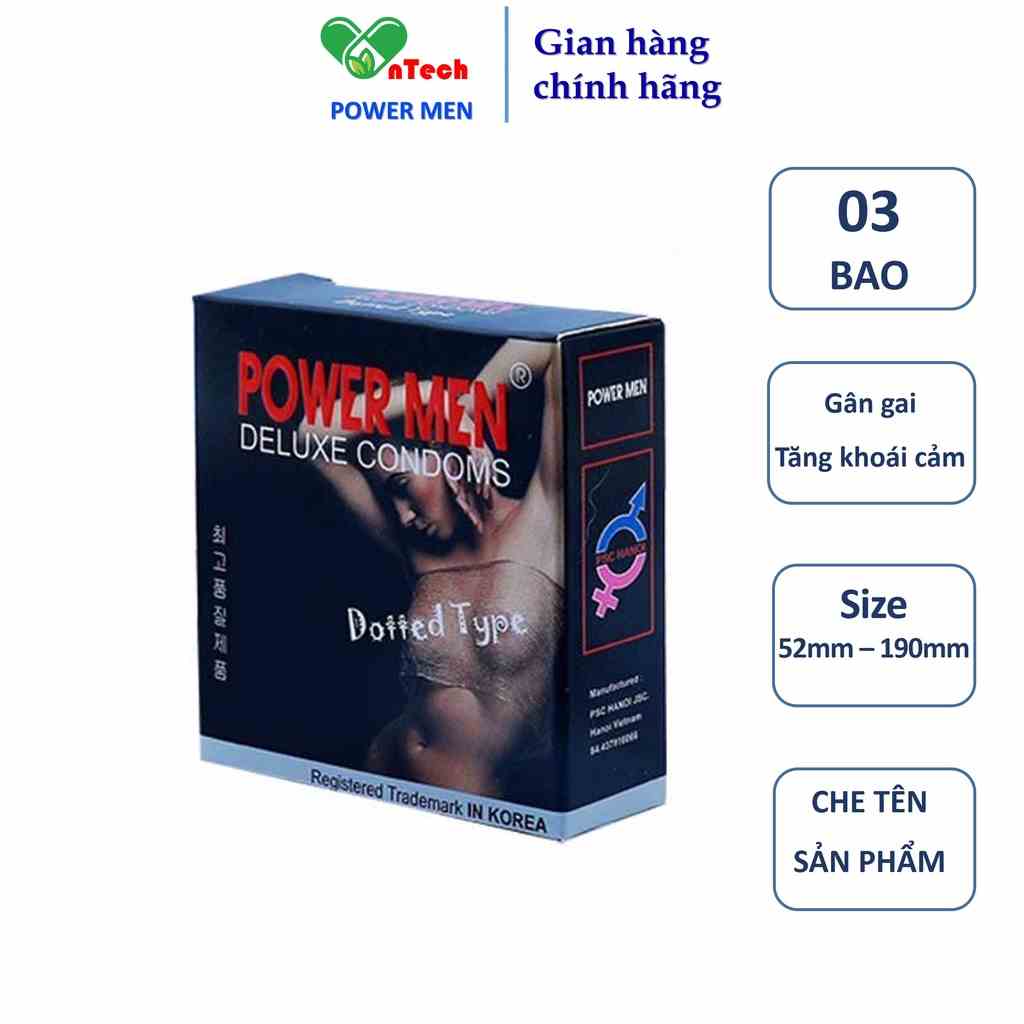 Bao cao su Power men DOTTED TYPE gân gai nổi quanh thân tăng khoái cảm hộp 03 bcs