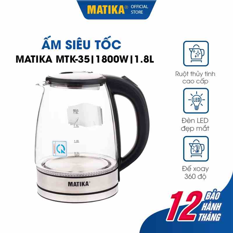 Ấm Siêu Tốc Thủy Tinh MATIKA 1.8L Có Đèn Led MTK-35