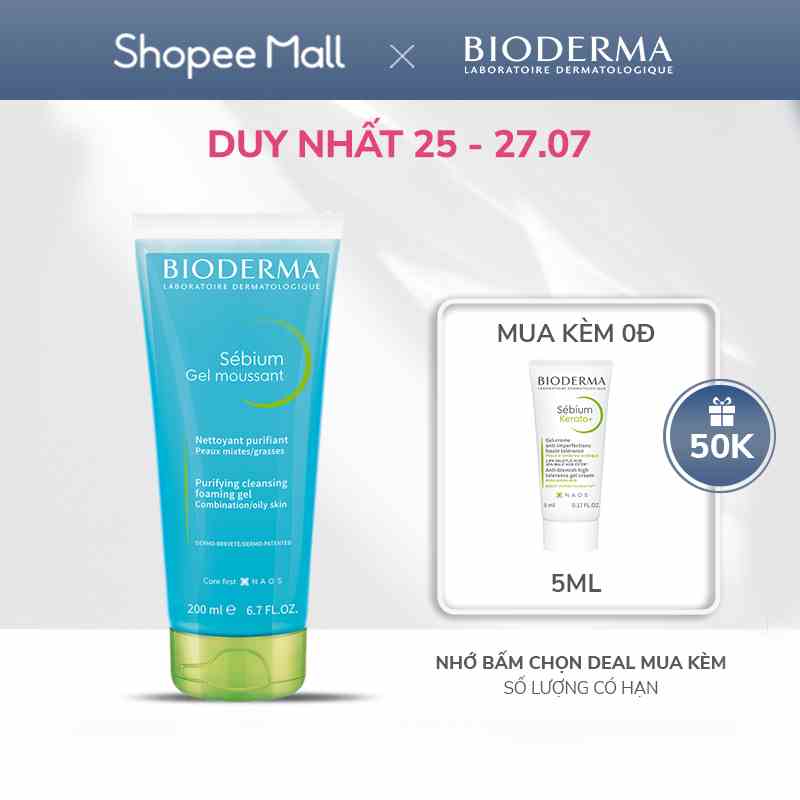 Gel rửa mặt tạo bọt cho da hỗn hợp và da dầu Bioderma Sebium Gel Moussant - 200ml (dạng tuýp)