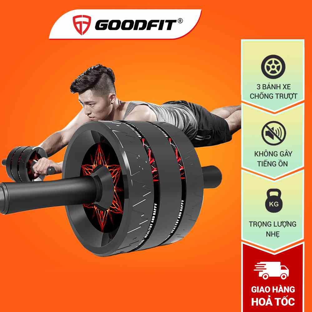 Con lăn tập bụng 3 bánh GoodFit chống trượt, chịu tải 200kg tập luyện tại nhà GF603AB