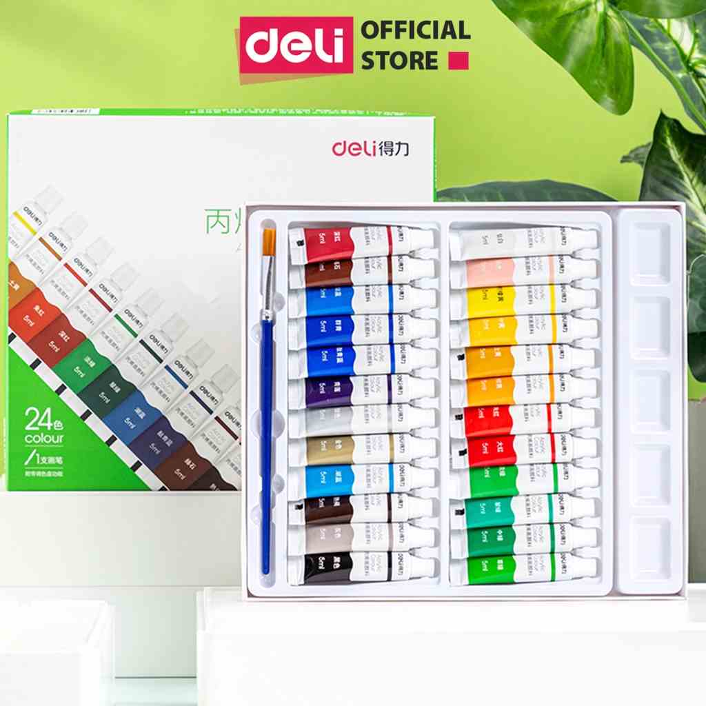 Màu nước acrylic dạng tuýp 5ml chuyên nghiệp Deli - Vẽ vải/giày/tường - 12/18/24 màu - Thiết kế, học sĩ, học sinh