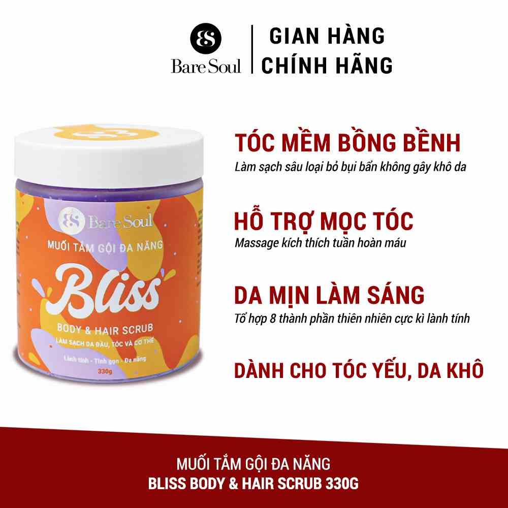 Muối tắm gội tẩy tế bào chết da đầu, tóc và tẩy tế bào chết cơ thể chứa AHA BareSoul BLISS Body & Hair Scrub 330g