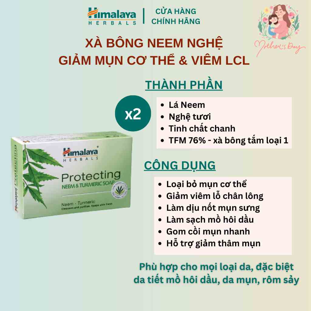 Set 2 xà bông giảm mụn cơ thể từ lá neem Himalaya Neem Turmeric Soap 75gx2