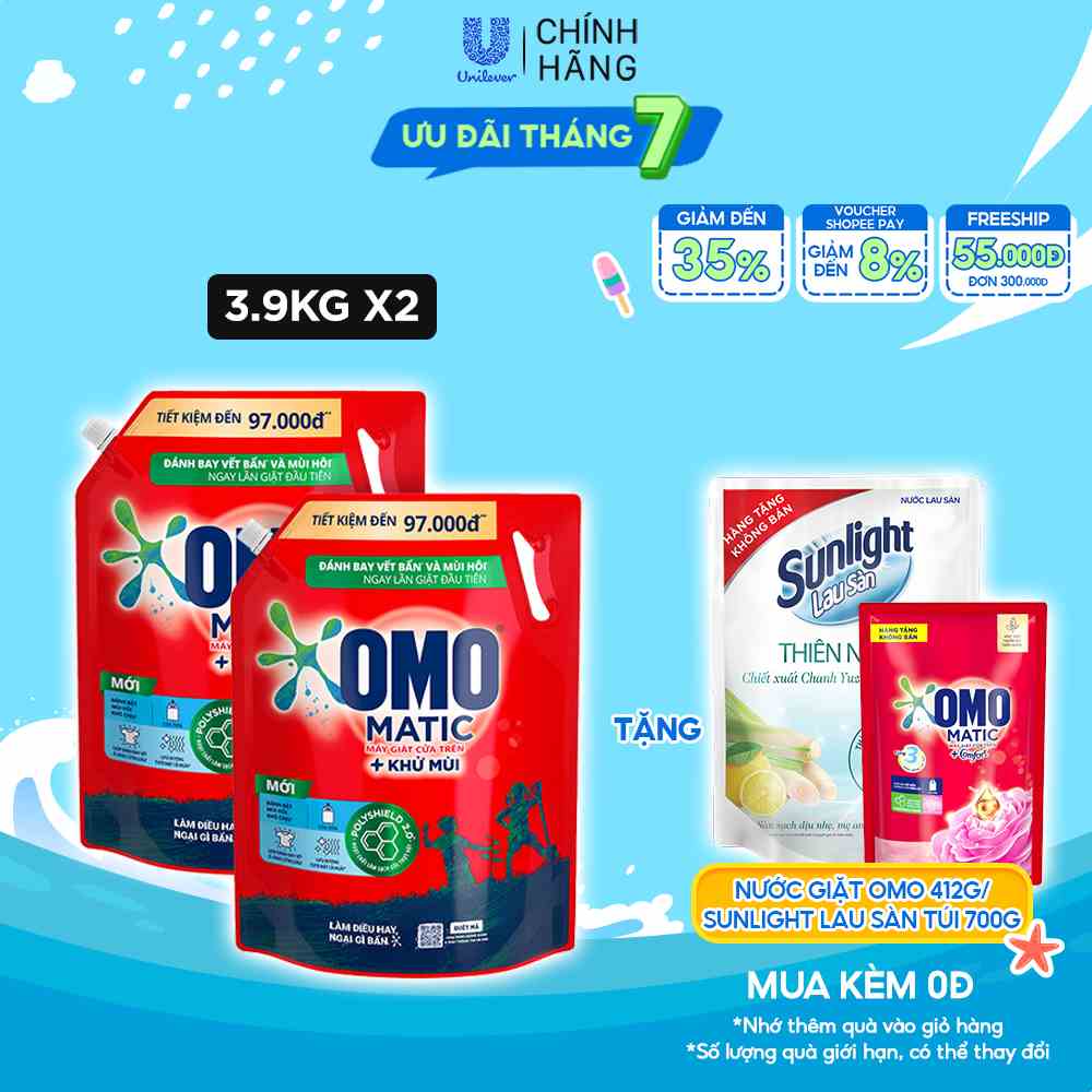 Combo 2 Túi Nước giặt OMO Matic chuyên dụng Cửa Trên 3.9kg