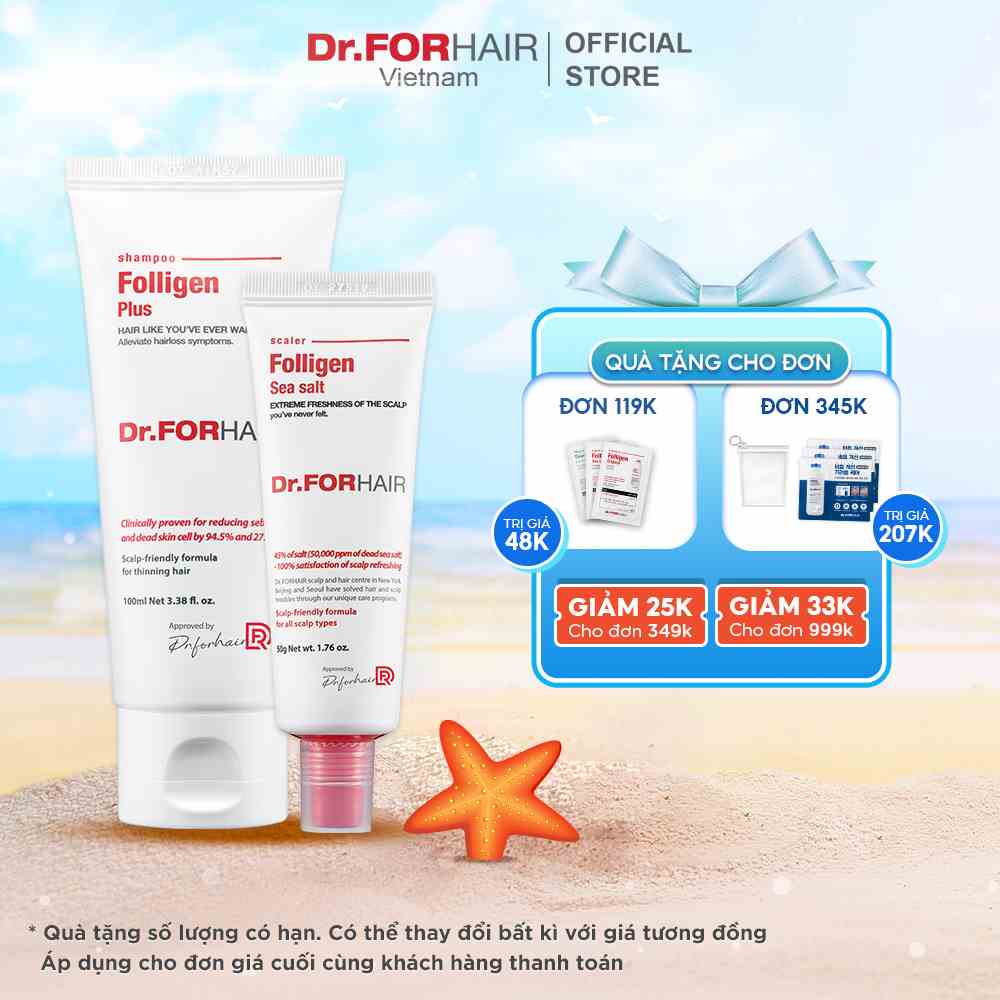 Bộ dầu gội và muối mini giảm ngứa, làm sạch da đầu  Dr.FORHAIR Folligen Plus 100ml x Sea Salt Scaler 50g