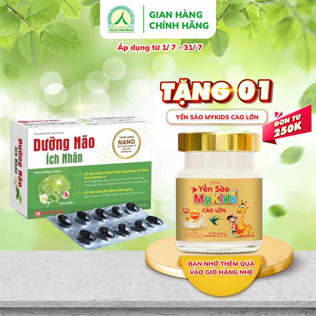 Viên uống dưỡng não Ích Nhân tăng cường tuần hoàn, giảm lo âu, hạn chế tai biến hộp 20 viên