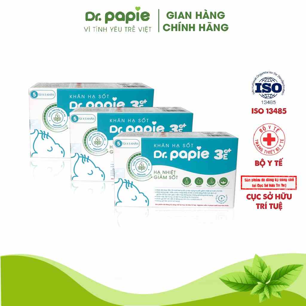 Combo 3 Khăn Lau Hạ Sốt 3+ Dr Papie Thải Nhiệt Hạ Sốt Chuẩn Nhi Khoa, Ngăn Ngừa Co Giật Cho Bé Hộp 5 Gói x 5 Khăn/Gói