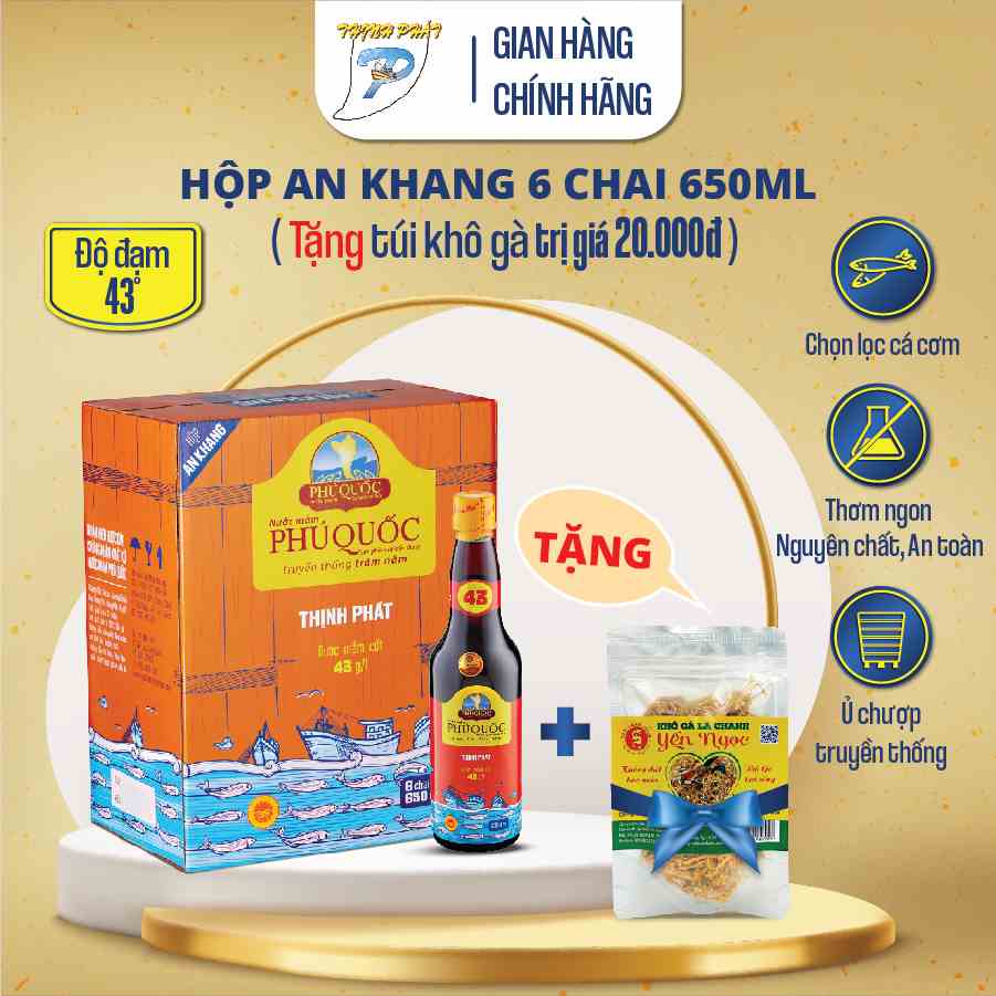 Nước mắm truyền thống Phú Quốc Thịnh Phát An Khang hộp 6 chai 650ml 43 độ đạm