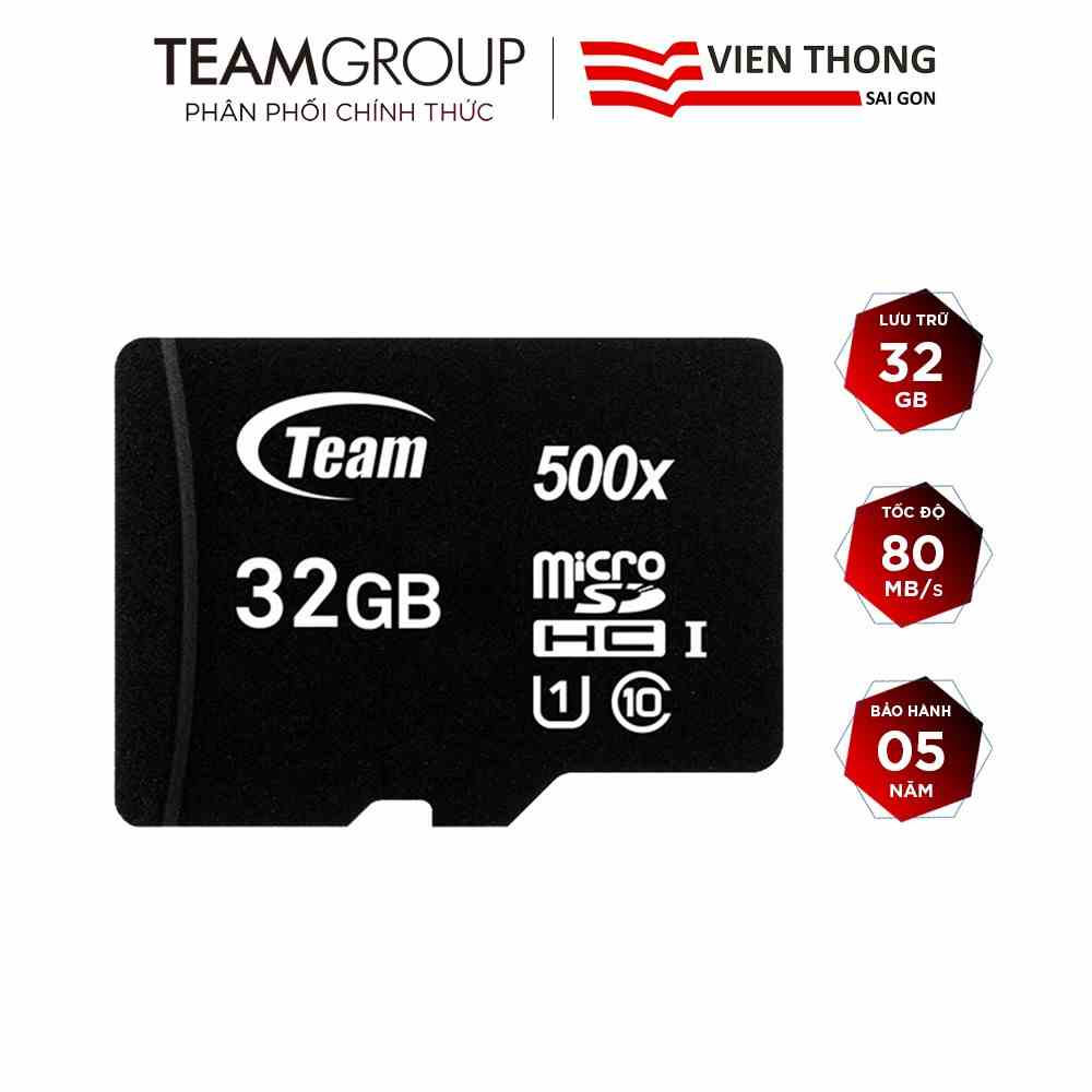 Thẻ nhớ microSDHC Team Group 32GB upto 80MB/s 500x class 10 U1 (Đen) - Hãng phân phối chính thức